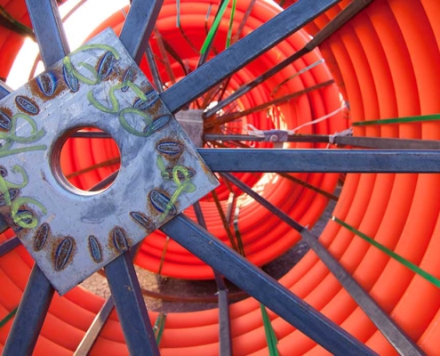 close up view of telecom wiring spools