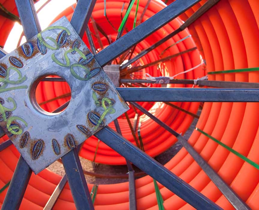 close up view of telecom wiring spools